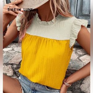 SHEIN Yellow and White Pleated Ruffle Sleeve Blouse